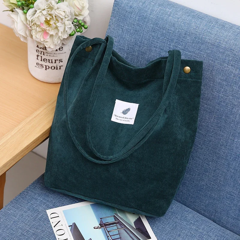 Bolsos de mano de pana de gran capacidad para mujer, bolsos simples a rayas para uso diario en viajes, bolsos de mano esponjosos, para mujeres y niñas: Verde