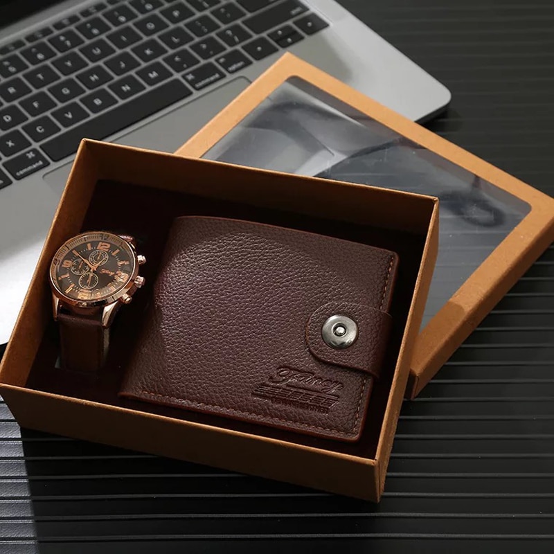 Herreure quartz armbåndsur med foldespænde læder pung sæt til mænd kæreste far fars dag