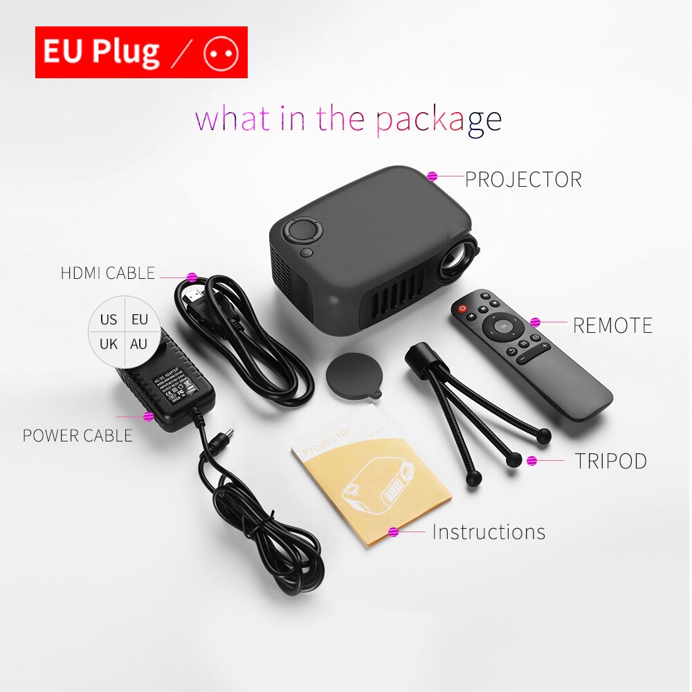 Mini projetor portátil para celular, projetor com suporte para lcd de 320 p, 240 horas de iluminação, home theater, tomada eu/us, 1080x50000 p: Black EU Plug