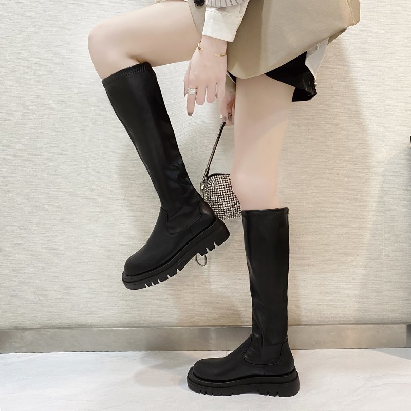 Chunky Platform Leather Knee High Boots Women Thick Bottom Long Boots Goth Boots Chelsea Style Slim Thigh High Boots