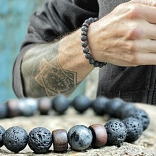 Grânulos de pedra natural do vintage pulseira de lava moda pulseira de madeira artesanal para homens yoga biker braçadeira jóias bileklik homme