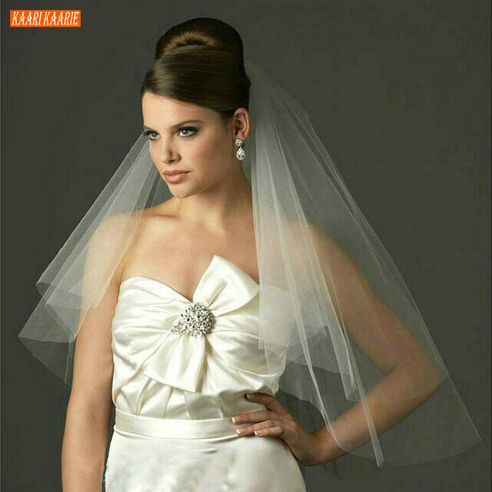 Velo corto Blanco clásico 75 CM suave tul barato velo de novia corte borde moderno marfil velo de novia con peine accesorios de boda