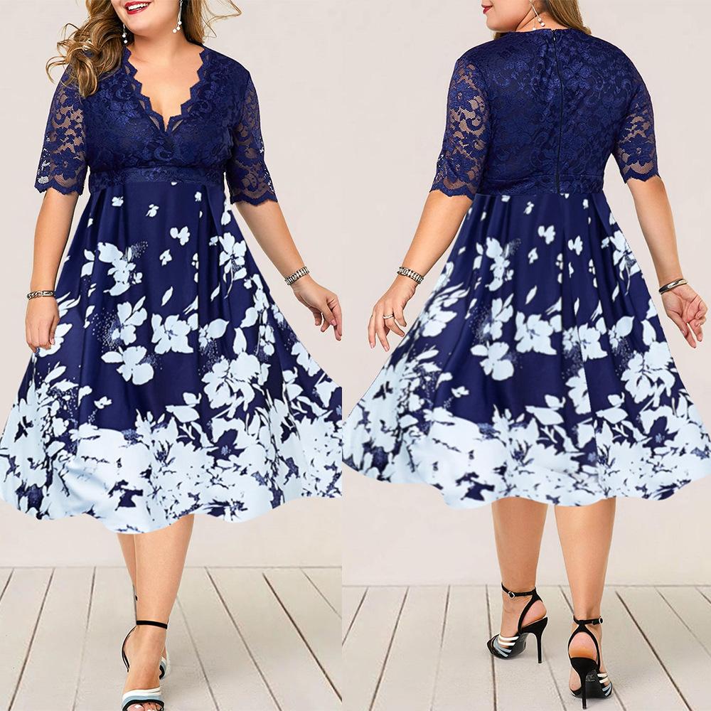 5XL 6XL Vrouwen Plus Size Kant Stiching Jurk Sexy V-hals Bloemen Printing Een Lijn Jurk Blauw Vrouwelijke Grote size Party Vestidos