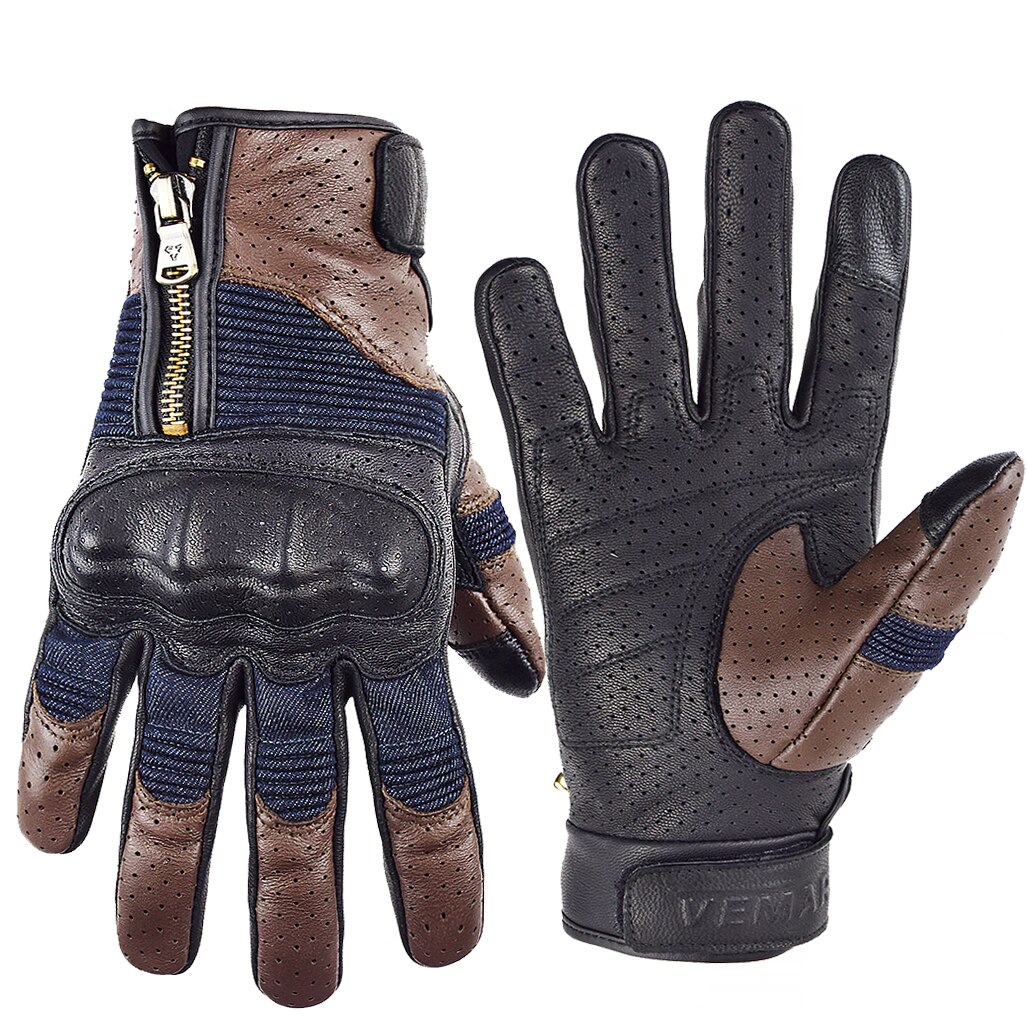 Luvas retrô de couro para motocicleta, xxl, motocicleta, vintage, jeans, moto, equitação: Brown-Perforated / XXL