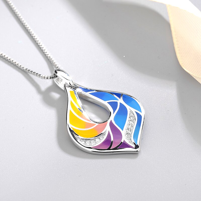 Bricolage goutte d'eau forme 925 en argent Sterling clair CZ émail coloré collier fin pendentif bijoux de fête