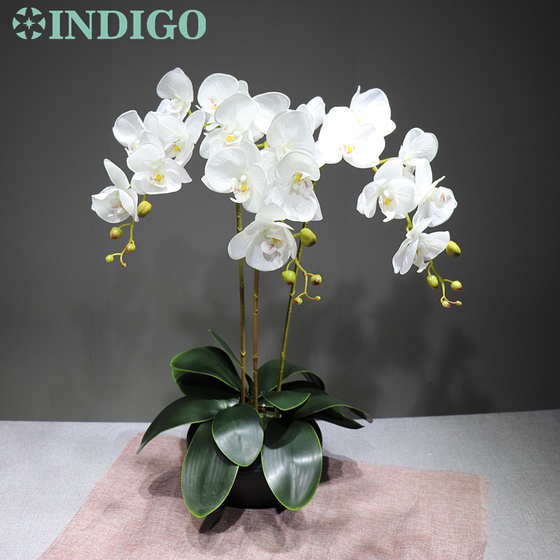 Arrangement fleur orchidée INDIGO-rouge grand 90cm (3 orchidée + 3 feuilles) vraie touche fleur décoration de fête de mariage