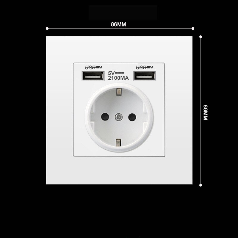 86 * 86mm 250V 16A European German standard socket plug white PC / toughened glass panel power wall socket with USB ports: PC 2USB ports