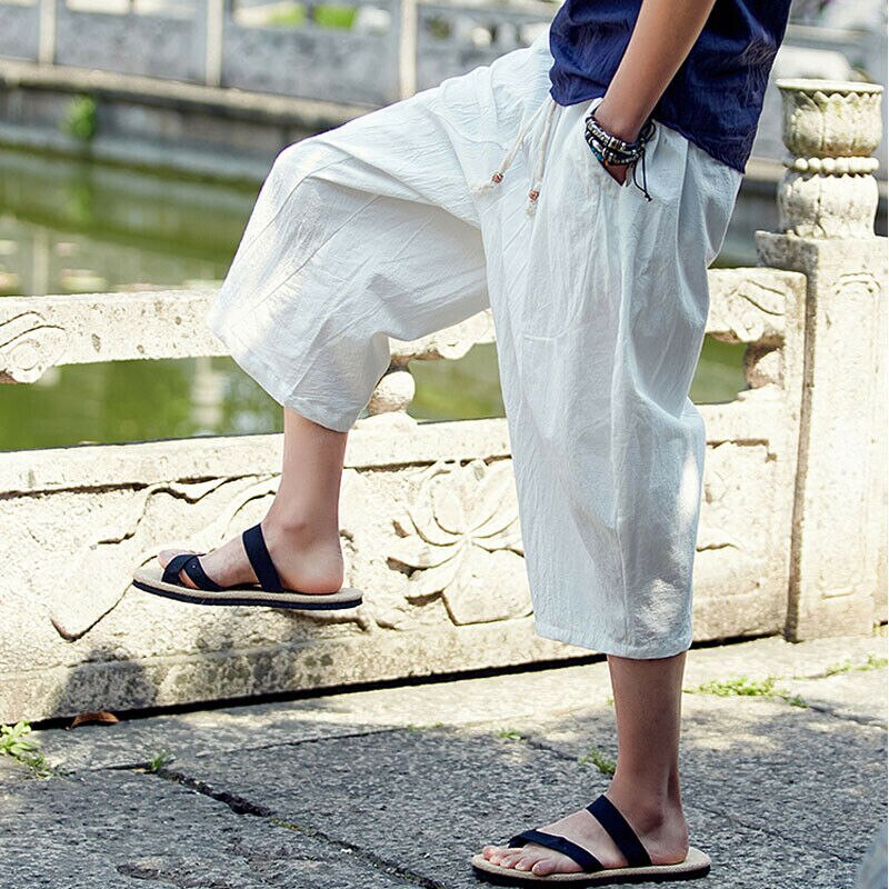 Sommer menn fritids sport cargo overall bukser joggebukser cropped legglengde løs linbukser med elastisk midje