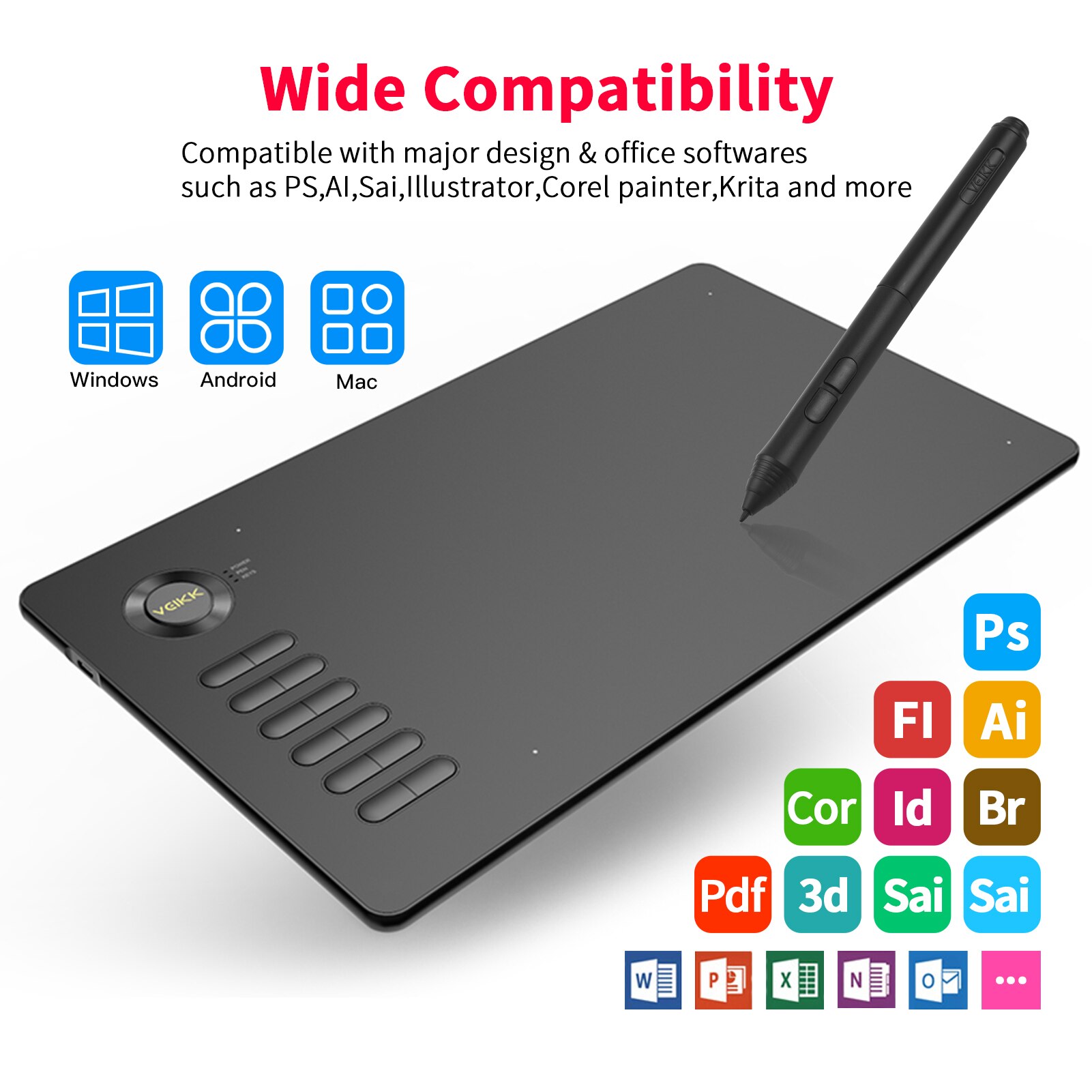 VEIKK – tablette graphique A15, 10x6 pouces, pour dessin Digital, avec stylet sans batterie, 8192 niveaux de sensibilité à la pression, compatible avec Windows, Mac et Android