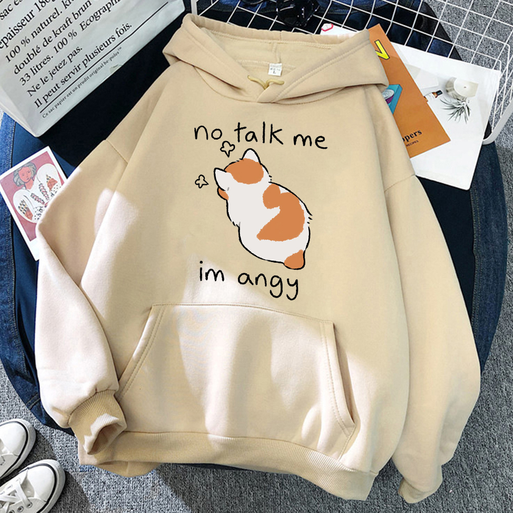 No Talk Me-Sudadera con capucha con estampado de gato enojado para mujer, sudaderas suaves de Hip Hop, jerséis de lana informales, ropa de calle de lana de gran tamaño para mujer