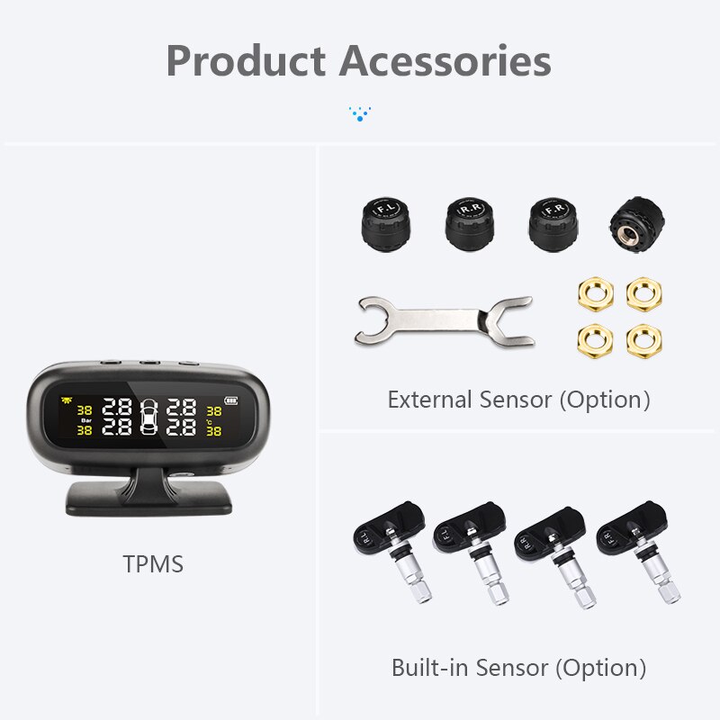 Bildekktrykk alarm overvåkingssystem solcelle trådløs sensor tpms overvåking 4 hjul eksterne/interne dekktrykk sensorer: Ty -568 / Interne sensorer