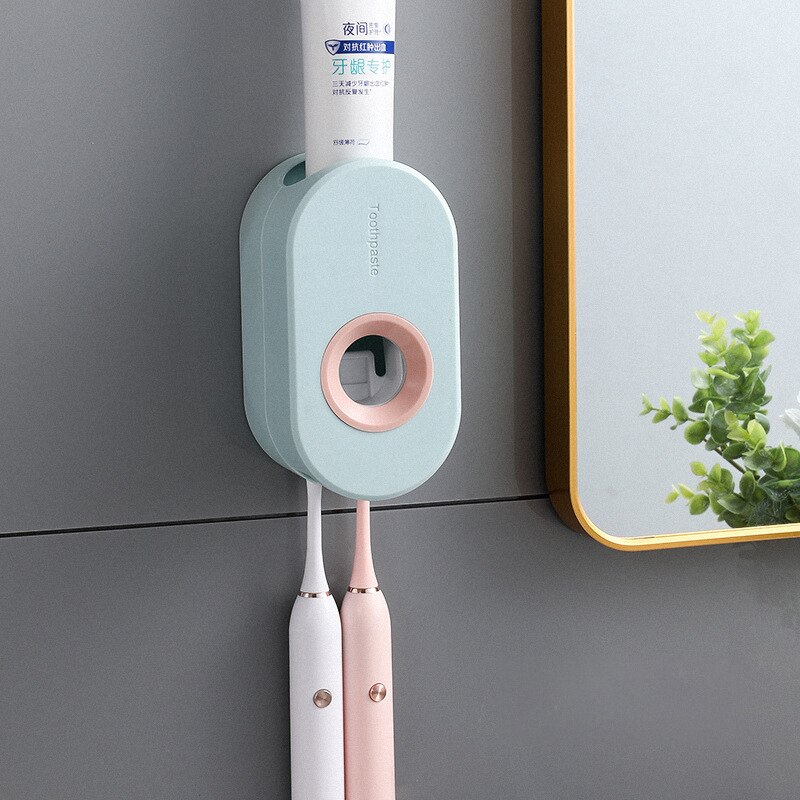 Guret vægmonteret tandpastaeklemme til tilbehør til badeværelset automatisk tandpasta dispenser tandbørsteholder aftagelig hylde: Ablue