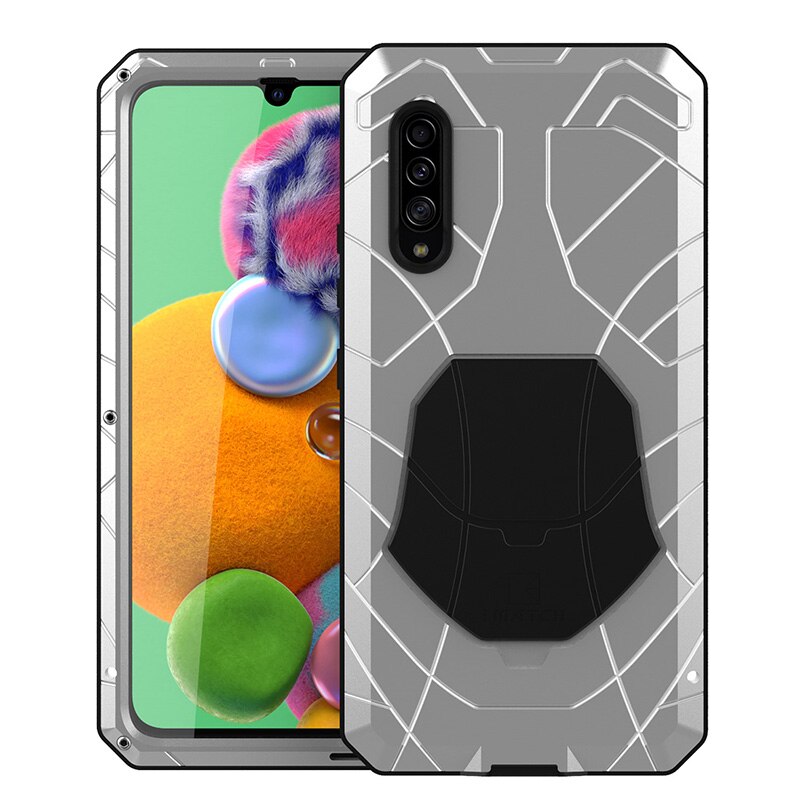 For Samsung Galaxy A90 5g Phone Case Hard Aluminum Metal Case Tempered Glass Screen Protector Cover Heavy Duty Protection Cover: silver