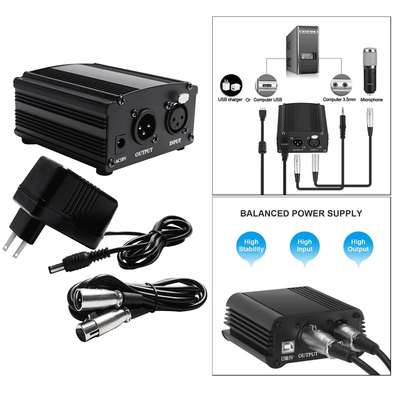 Alimentation fantôme 48V + câble XLR à 3 broches pour Microphone à condensateur, équipement d'enregistrement de musique