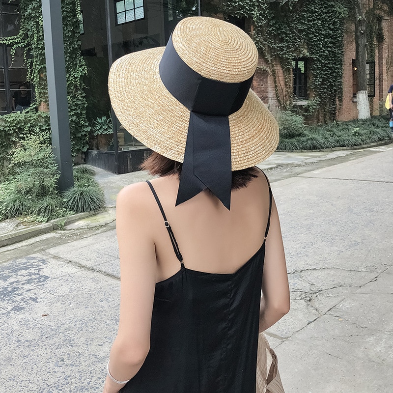 Sommer solhat kvinder bred side sort bånd stråhatte solskærmshatte strand solhatte med 13cm bred skygge dame retro
