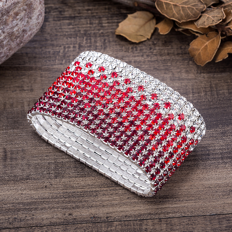 12 Rijen Bruiloft Armband Red En Clear Crystal Strass Combinatie Verzilverd Bridal Sieraden Stretch Bangle Armbanden