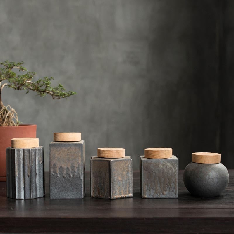 Tea Storage Jar Ceramic Coarse Pottery Geometric Seal Caddy with Wood Cover Container Tea Ceremony Teaware Accessories