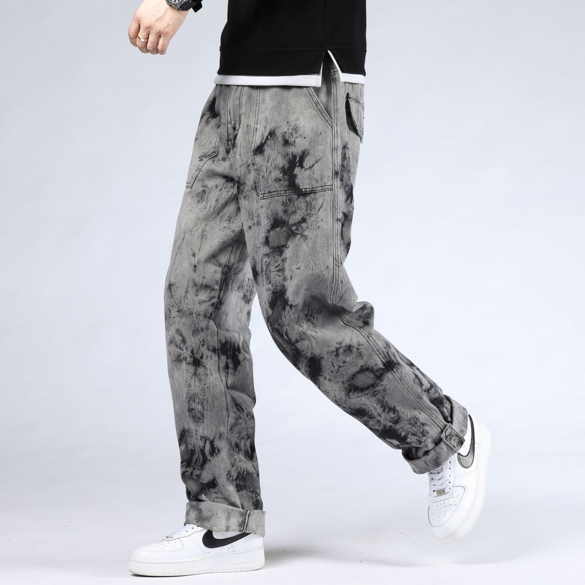 Men Jeans Casual Loose Straight Denim Pants Tie Dye Print Sky Blue Long Trouser Straight mens Jeans