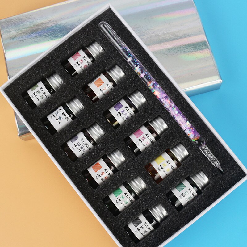 7/13pcs Glass Dip Pen And Blue Ink Sets Box Sequin Series Signature Pencil Handicraft Dip Pens Glass Pencils: Sequin Purple