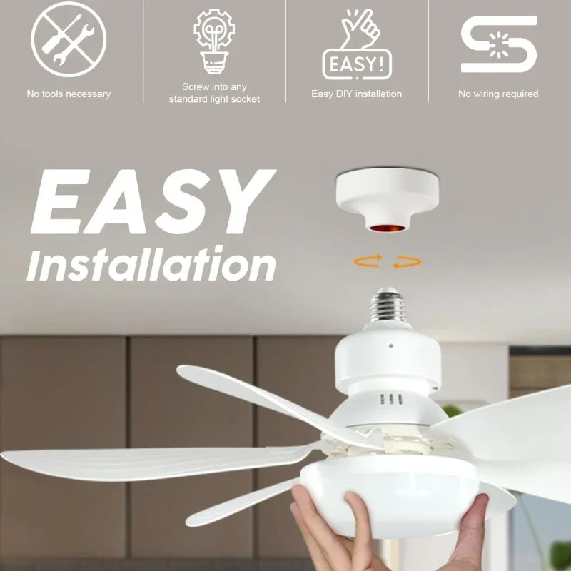 Ventilador de teto com soquete com luz com controle remoto regulável com 6 lâminas para quarto, cozinha e salas pequenas