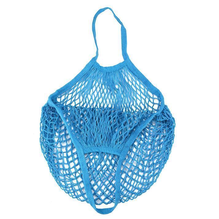 Bomuldsnet netsnor indkøbstaske genanvendelig sammenfoldelig frugtopbevaring håndtaske totes kvinder shopping mesh net dagligvarer mulepose: Himmelblå