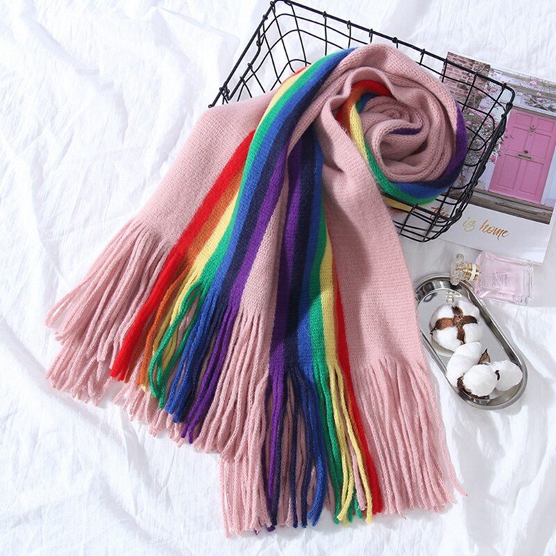 Chal bufanda de gran tamaño a rayas LGBT arco iris para mujer con borlas envolturas de Manta abrigadas de invierno 190*40cm: PK