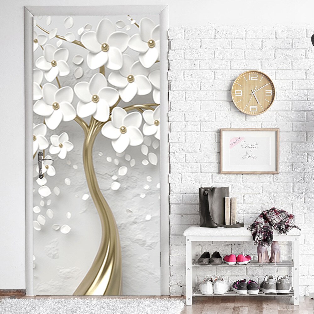 PVC 3D Door Sticker Wall Murals Embossed Trees Modern Aesthetics White Poster Living Room Self-Adhesive Wallpaper Home Decor