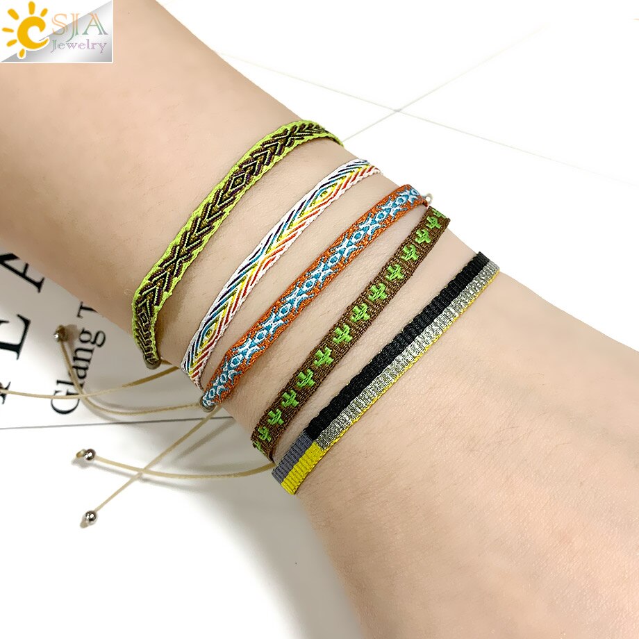 CSJA 5pcs/Lot Braided Bracelets Set Colorful Weaving Cotton Rope Chain Thread String Adjustable Cord Bracelet Boheme Femme S722: C