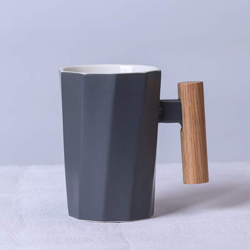 380ml Wood Handle Ceramic Coffee Mug Polygonal Office Home Milk Tea Cup For: Gray
