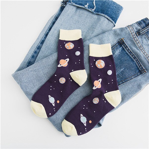 Chaozhu Onoverwinnelijk Schoonheid Meisje Leuke Chic Puss Katoen Roze Paars Cartoon Planeet Sokken Herfst Winter Kawai Super Sokken Dame: Paars