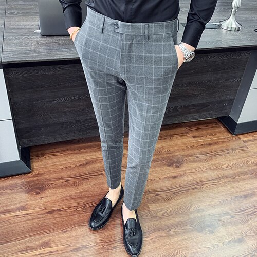 Heren zakelijke broek zomer heren broeken kleding en enkel slank knoop ademende man raster jurk broek kleding 28-36: Grijs / 30