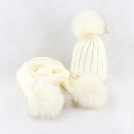 HEALCOLD Jungen Mädchen Hütte Schal einstellen freundlicher Pelz Bommel Mützen Schal Winter Schal Hütte Für freundlicher: Weiß Hut Weiß Fell