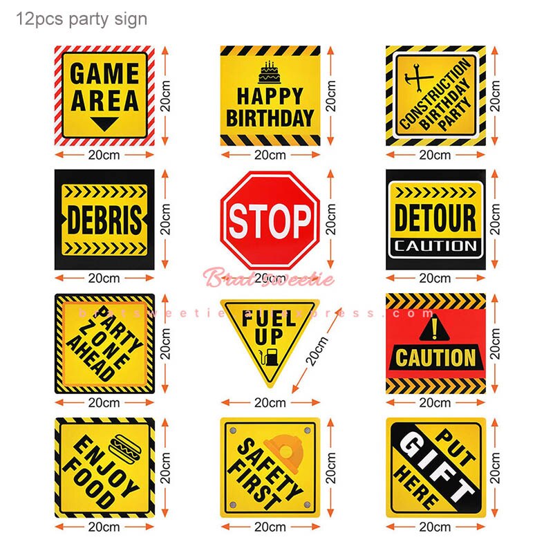 12 unids/set construcción papel de señal señales de tráfico tonto camión chicos tema adornos de feliz cumpleaños niños suministros: Default Title