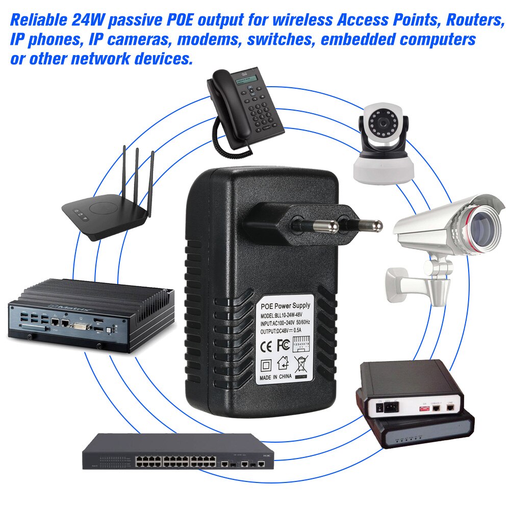 POE Injector Ethernet Power Supply Adapter Compatible W/T IEEE802.3af for IP Camera IP Phone Wireless AP 100m Transmission