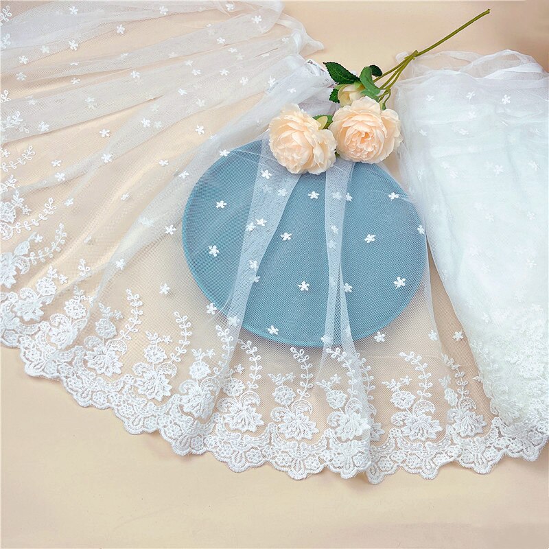 Tela de encaje de malla con bordado de flores, borde para vestidos de novia, velo de cabeza, suministros de costura DIY, 1 metro, 45CM de ancho