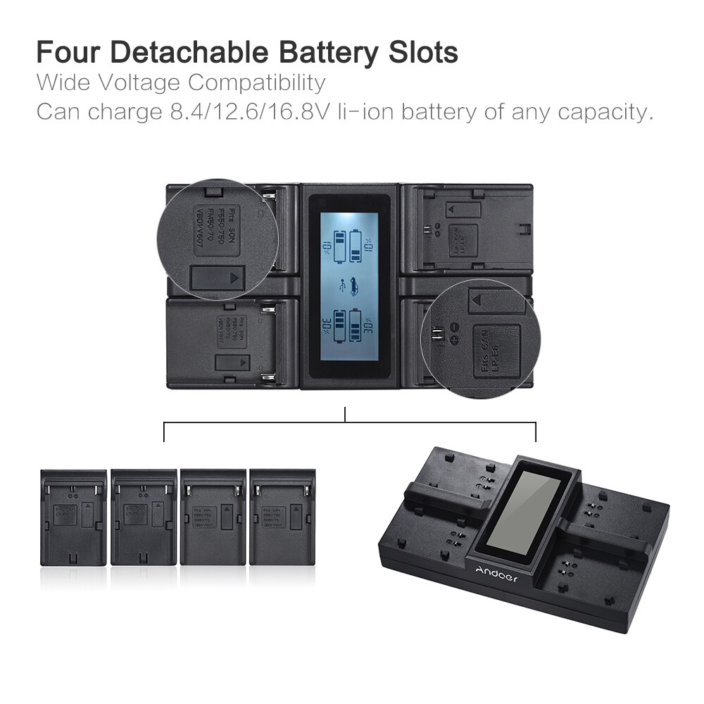 Andoer LP-E6 LP-E6N NP-F970 4-Channel Digital Camera Battery Charger LCD for Canon 6D 7DII 80D 5D Serie Sony NP-F550 F750 etc