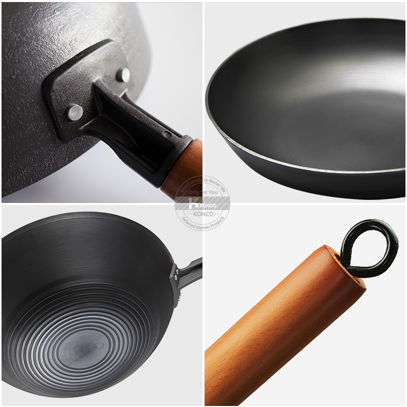 Konco Chinese Ijzeren Wok Traditionele Handgemaakte Ijzeren Wok Non-stick Pan Non-Coating Gas En Inductie Kookplaat Kookgerei keuken Pot