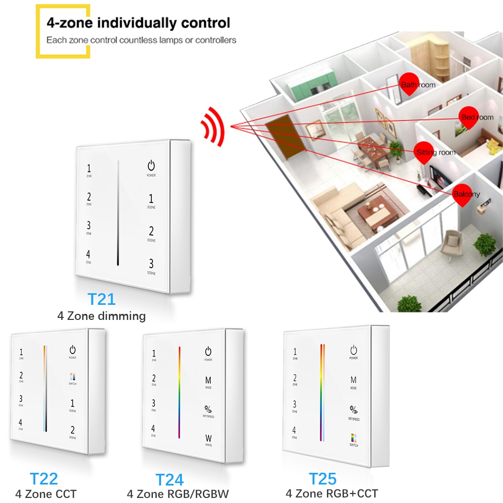 2,4g T21/T22/T24/T25 4 Zone Clever berühren Tafel fernbedienung LED Dimmer dimmen/RGB /RGBW/RGB + CCT Helligkeit LED Regler für LED streifen