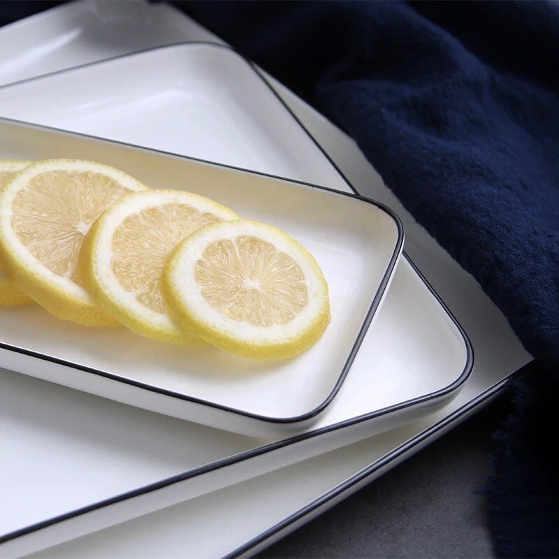 White Square Ceramic Plate Simple White Color Black Edge Dish Steak Fruit Salad Serving Plate Dinner Party Ceramic Dessert Tray
