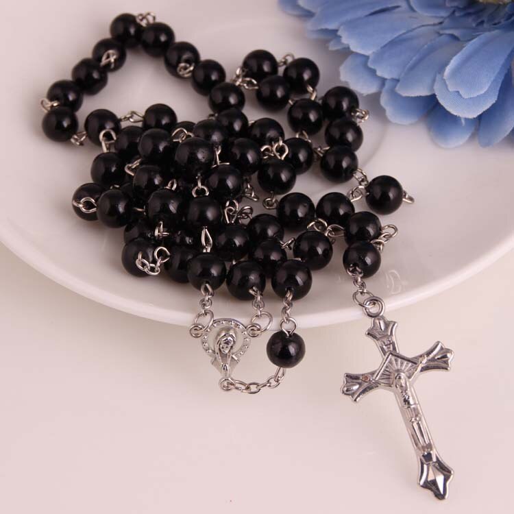 Religieuze Sieraden Zwart Glas Parel Rozenkrans Cross Christian Katholieke: black