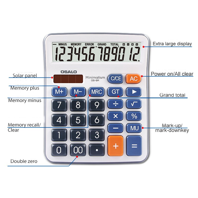 Medium Desktop Os-6m Calculator 12Digit Solar Dual Power Abs Plastic Large Button Large Screen Display Computer 124 * 150 * 40mm
