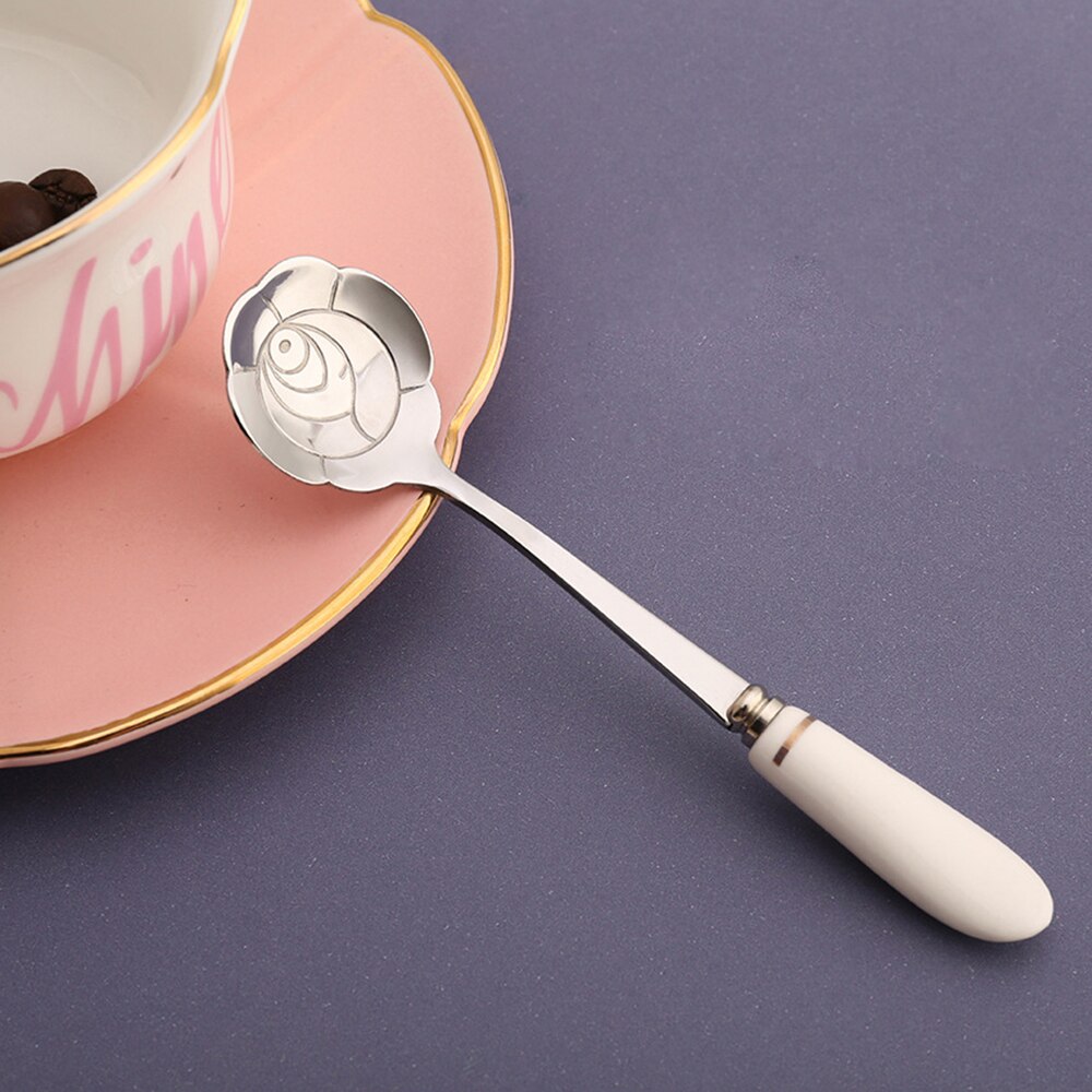 Ceramic Handle Flower Shape Spoon Stainless Steel Tea Coffee Spoon Teaspoons Coffee Stirring Spoon Coffee Accessorie Tableware