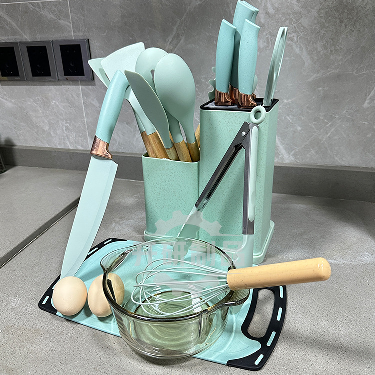 Utensilios de cocina de silicona con mango de madera, juego de ollas antiadherentes, Cubo de almacenamiento, 19 piezas
