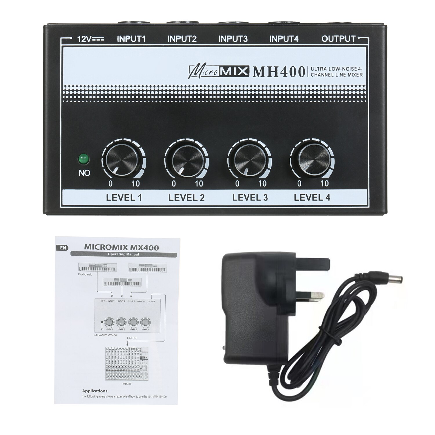 MH400 Ultra Low-Noise 4-Channel Line Mixer Mini Audio Mixer &amp; 1/4-inch TS Inputs Output Volume Control for Guitars Bass Keyboard