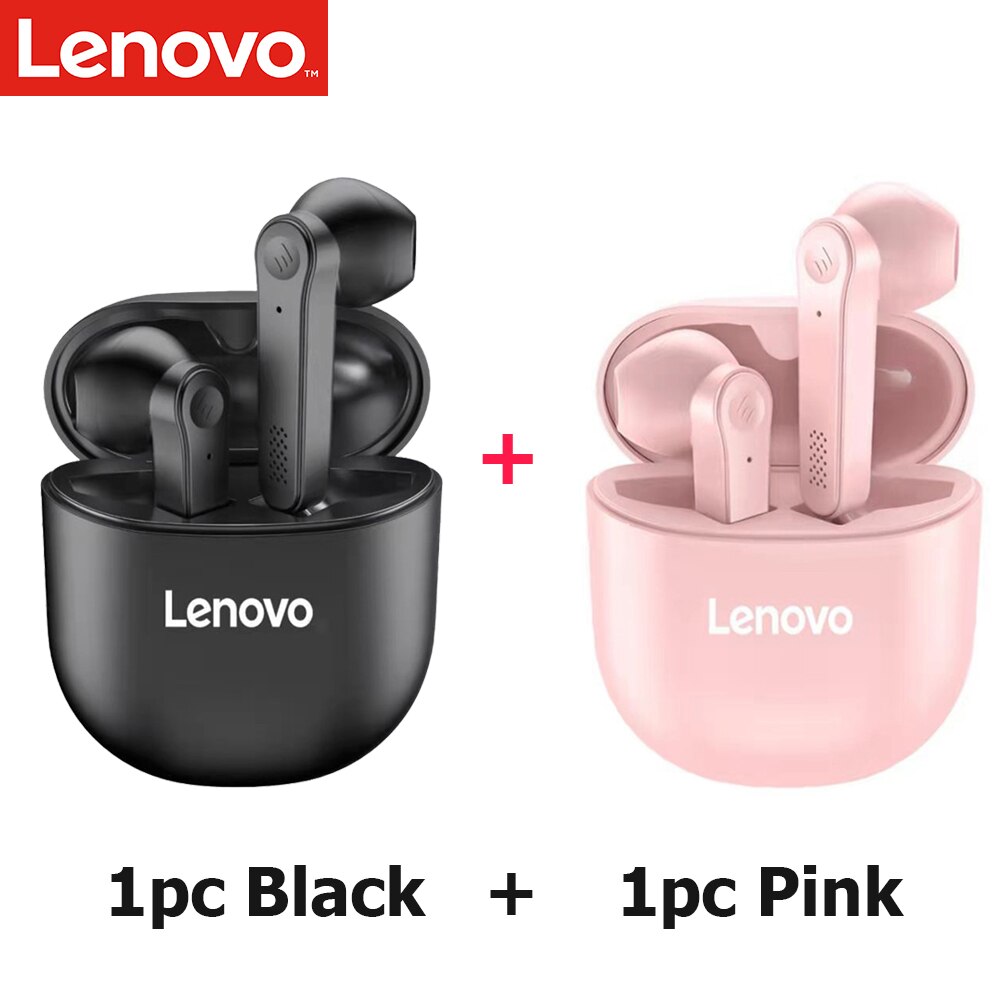 Lenovo PD1 Bluetooth 5.0 Earphones TWS Wireless Headphone Touch Control Semi-in-Ear Earbuds Stereo Bass Music Headset with Mic: Black and Pink