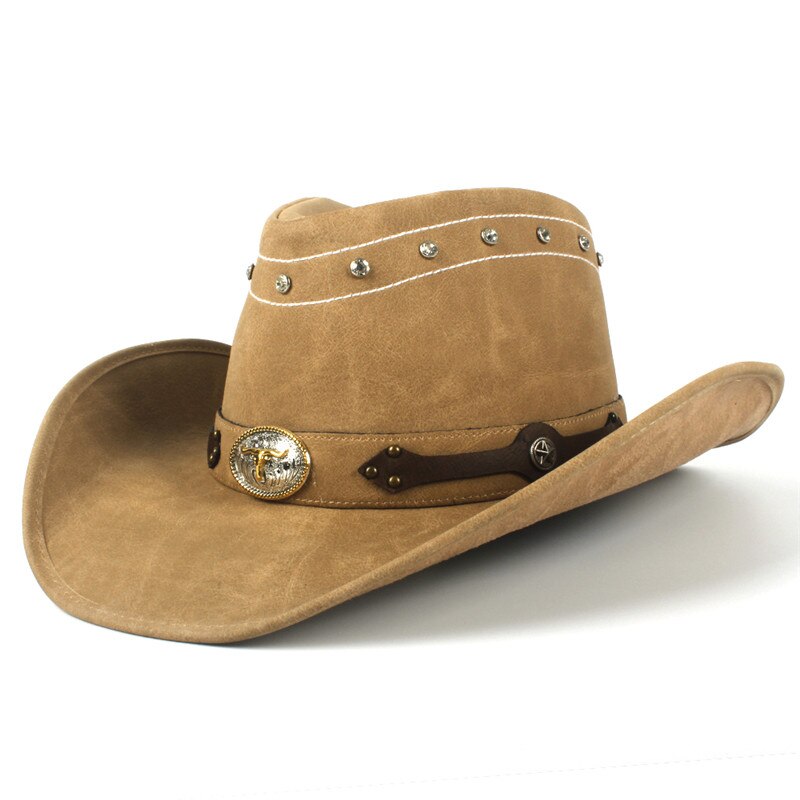 Cowboy hatte kvinder mænd western cowboy hat til far gentleman lady læder sombrero hombre jazz caps størrelse 58cm: C2 khakai