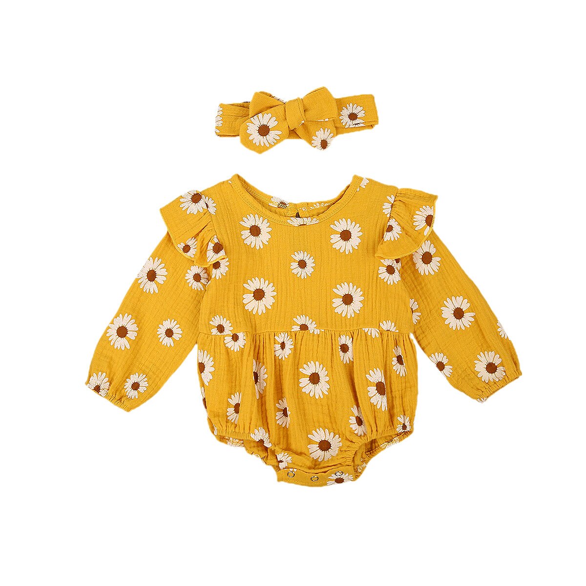 2Stck Baby Herbst Outfits, Gänseblümchen Blumen Druck Oansatz Lange-Ärmeln Strampler + Bogen Haarband für Kleinkinder, mädchen, 0-2 Jahre: 2 / 9m