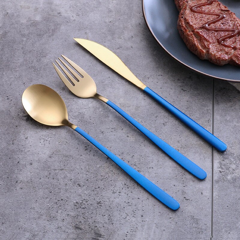 Couverts occidentaux en acier inoxydable vaisselle cuillère fourchette couteau pour Spaghetti Steak salade nourriture photographie tir ornement accessoires: Gold Blue 3pcs