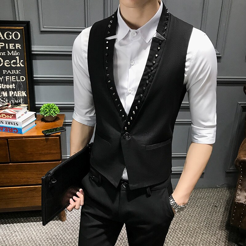 Chaleco negro para hombre, , ajustado, de corte en V, remache decorativo, Punk, viento, un botón, chaleco de rendimiento para hombre, primavera: L