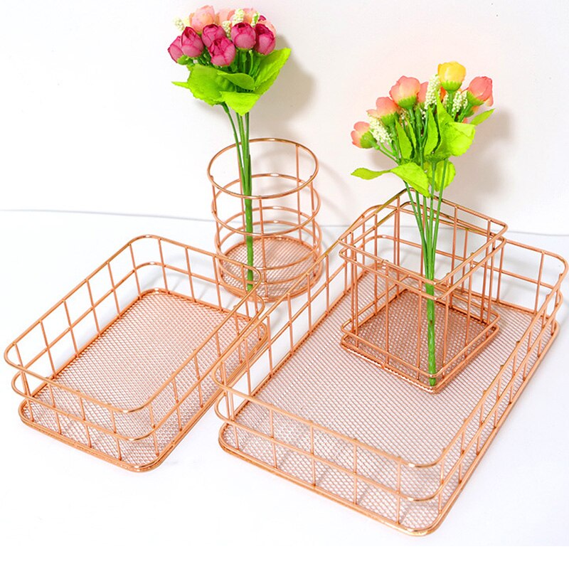 Panier de rangement en fer forgé Rose doré, panier de rangement en métal, porte-stylo, de bureau, de papeterie de finition
